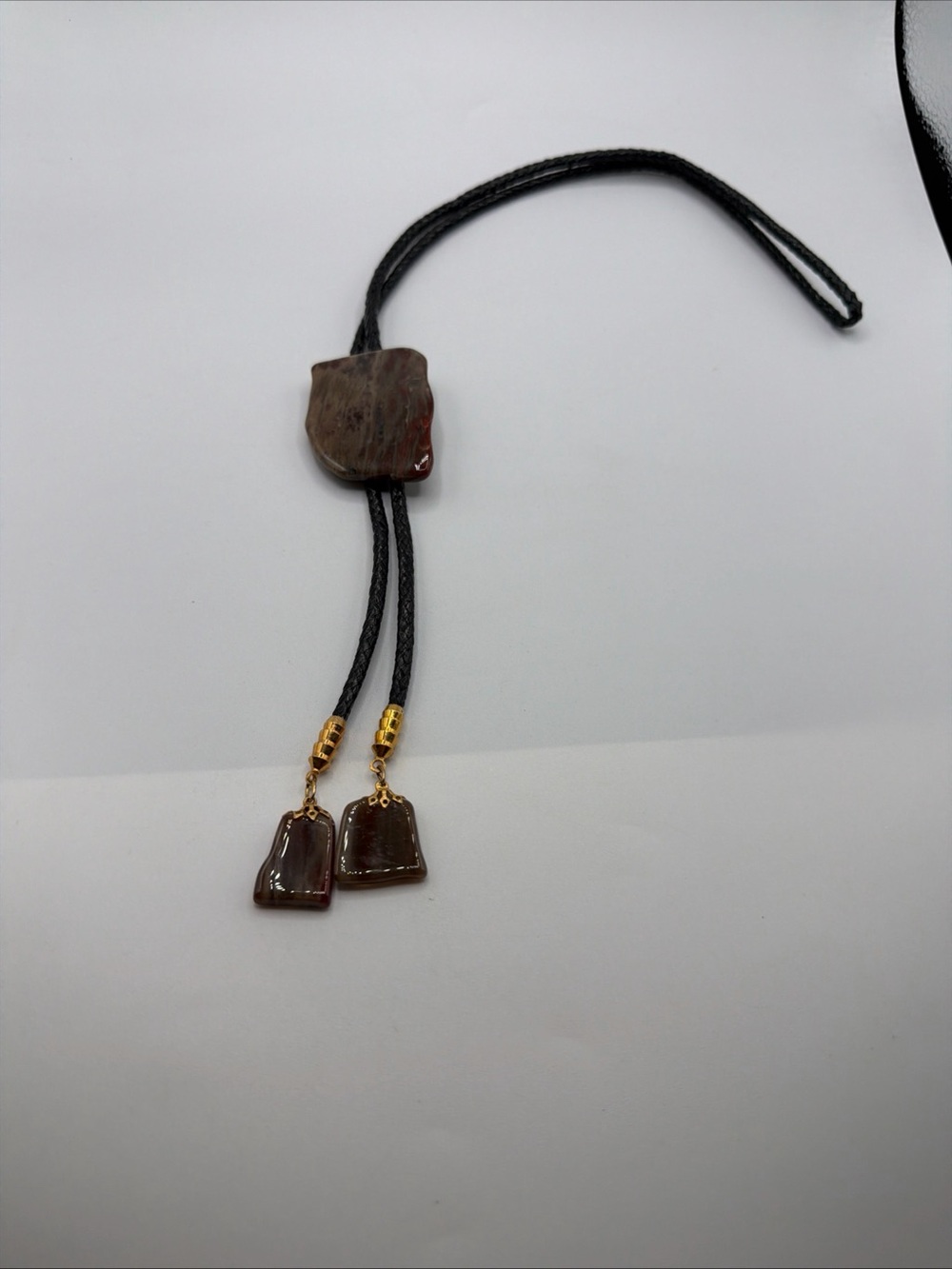 Vintage Western Natural Polished Jasper Stone Bolo Tie and Tips w/ Leather Cord
